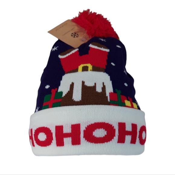 Christmas Beanie Hat Women Men Knit Navy Blue Pom Christmas Hat Beanie Winter - Picture 4 of 12